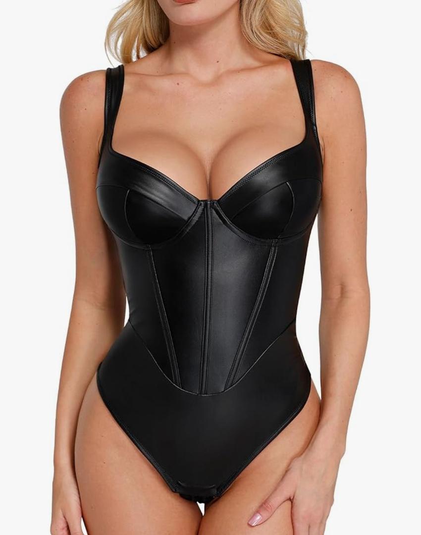 Popilush Leather Corset Bodysuit for Women Tummy Control V Neck Thong Shapewear Sleeveless Body Suit Tank Tops 3XL