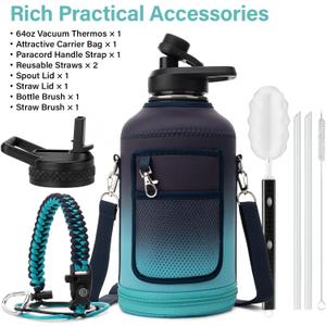 Insulated Water Bottle | Thickened Stainless Steel Vacuum Metal | Portable Sports Half Gallon Large Water Jug for Gym and Hiking with Straw, Carrier Bag, Handle Strap | BPA-Free 64 oz (Black-Cyan)