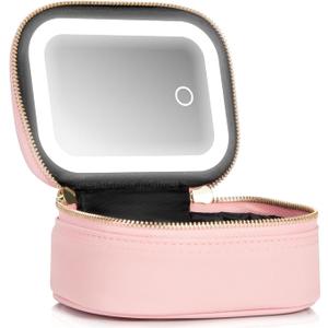 Mini Makeup Bag with Led Mirror, Small Travel Make up Bag 3 Light Modes Adjustable Brightness, for Women Organizer Cosmetic Bag, Portable Travel Train Toiletry Bag, for Pool Parties Work Touch-Ups (Pink)