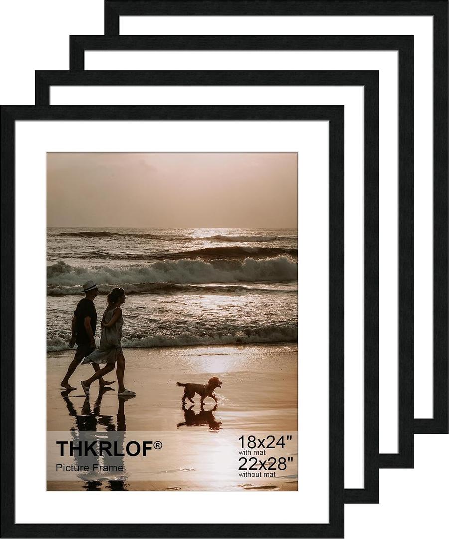 22x28 Picture Frame Set of 4, Wooden Poster Frames with 18x24 Mat for Wall Display,Black, 22x28 in