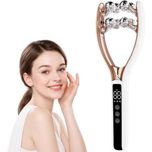 SZMDLX Microcurrent Facial Massager with LCD Screen, Electric Face Roller for Lifting & Toning, EMS Skin Tightening Device for Puffiness & Fine Lines, USB Rechargeable V-Shape Tool (White+gold)