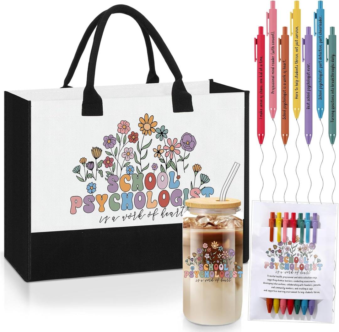 LemonRoad 11 Pcs School Psychologist Gifts Canvas Tote Bag 17 oz Glass Cup 7 Days of The Week Pens Inspirational Positive Daily Affirmation Ballpoint Pens with Card for Women Teacher Week Graduation