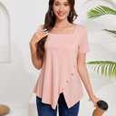 BKHOLL Women's Square Neck Short Sleeve Blouse Loose Fit Stretchy Casual Top Soft Breathable Vacation Shirt for Summer Pink L 2 ct