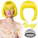 PLULON Yellow Bob Wig with Heart Sunglasses and Hair Cap for Women, Short Bob Wigs Synthetic Colored Funny Cosplay Hairpieces for Women Men Daily Bachelorette Halloween Costume Party Decorations
