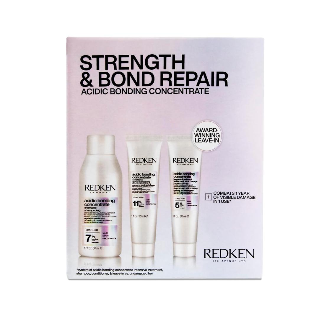 Redken Acidic Bonding Concentrate Mini Kit  Strengthening Shampoo, Conditioner & Leave In Treatment for Damaged Hair, Reduces Breakage & Split Ends, Travel Size