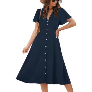 ROYLAMP Women's Floral Button Up Split Dress Deep V Short Bell Sleeve Casual Midi Dress with Pockets (X-Large)