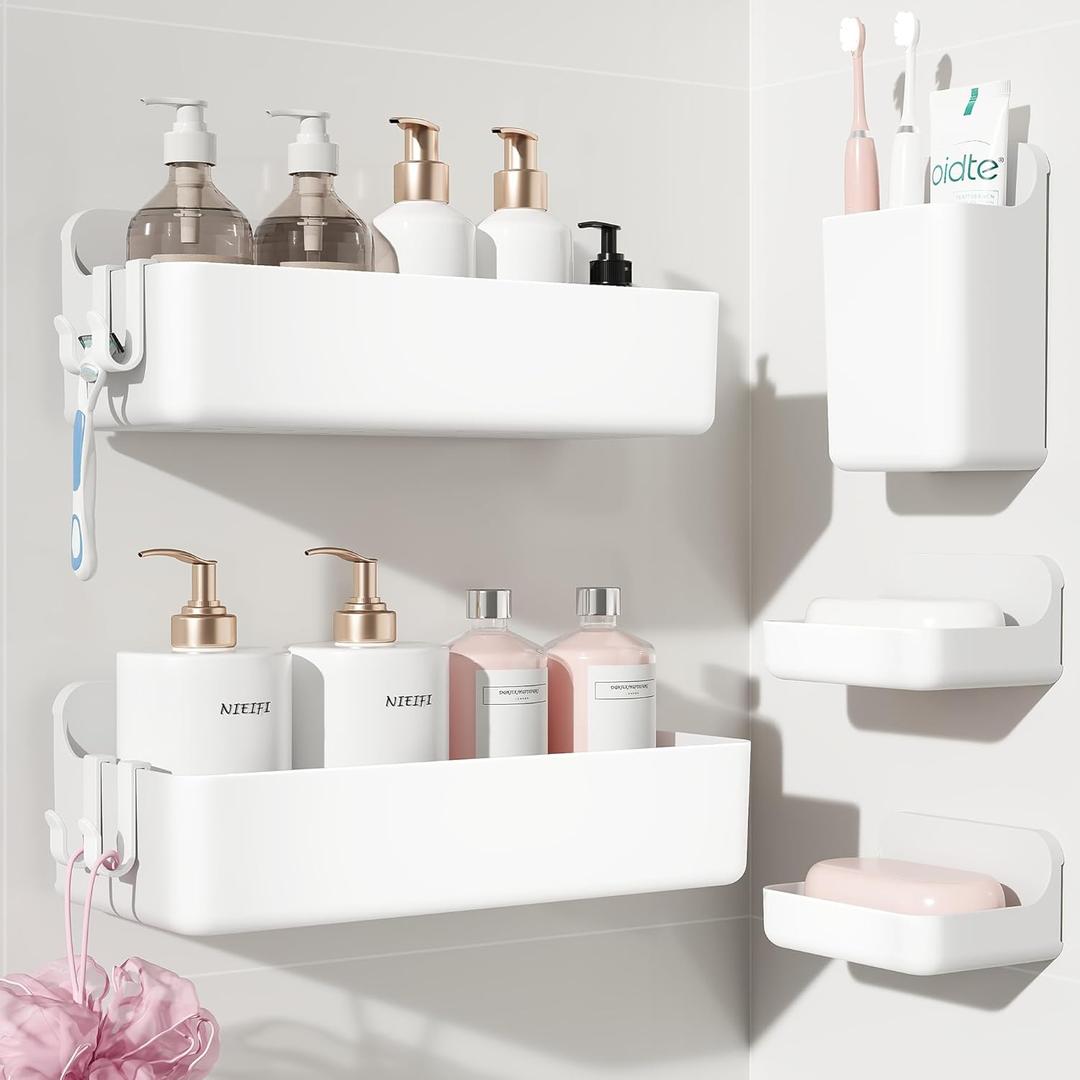 Nieifi Adhesive Wall Shelf, Shower Shelves 5 Pack with Soap Holder, Shower Organizer for Bathroom Organization, White
