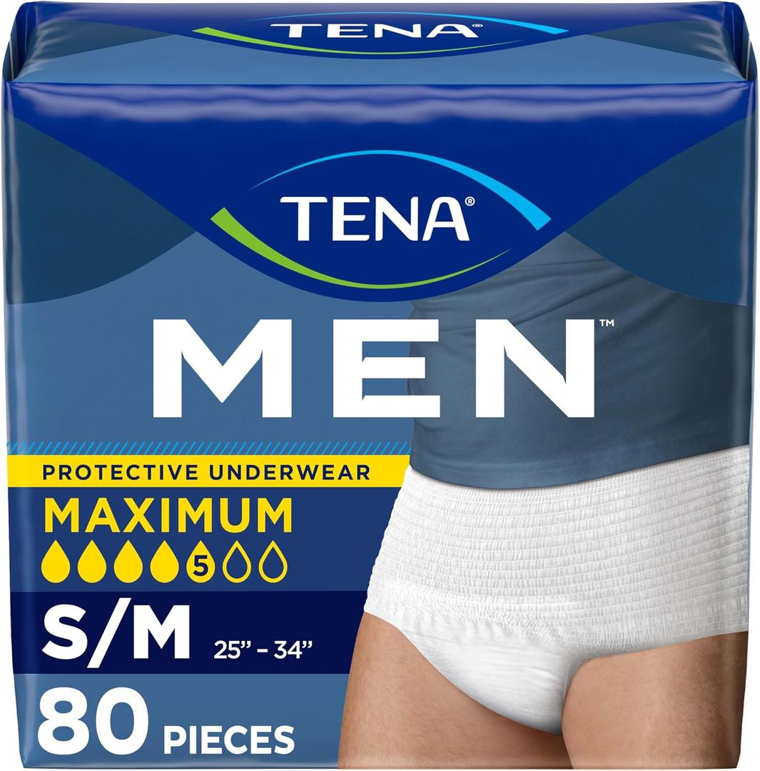Tena Protective Adult Incontinence Underwear for Men, Maximum, S/M, 80 Count (Waist Size 25in-34in)