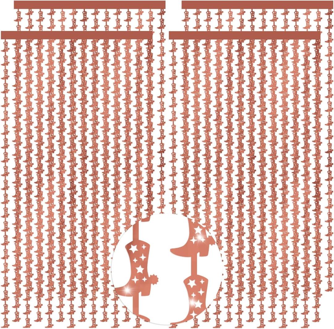 Pasimy 4 Pcs Disco Cowgirl Bachelorette Party Decorations Glitter Western Backdrop Cowgirl Boot Tinsel Foil Fringe Curtains Last Rodeo Birthday Bachelorette Wedding Disco Party Decor (Rose Gold)