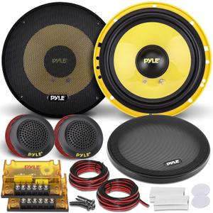 Pyle 2 Way Custom Component Speaker System - 6.5 400 Watt, with Electroplated Plastic Basket, Butyl Rubber Surround & 40 Oz Magnet Structure - Wire Installation Hardware Set Included - PLG6C, Yellow