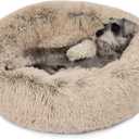 Friends Forever Donut Dog Bed Faux Fur Fluffy Calming Sofa For Medium Dogs, Soft & Plush Anti Anxiety Pet Couch For Dogs, Machine Washable Coco Pet Bed with Non-Slip Bottom, 30"x30"x7" Tan