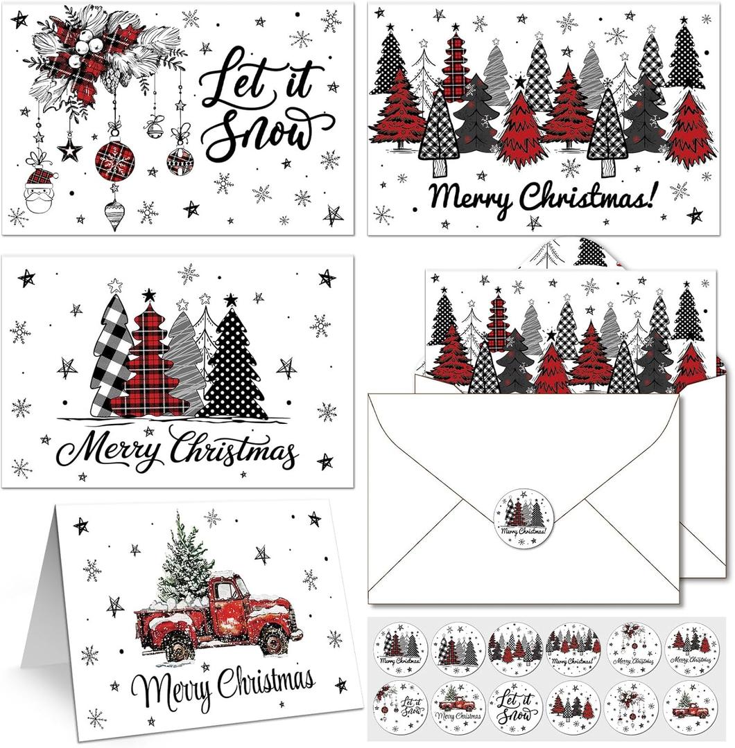 52 Pack Merry Christmas Thank You Cards with Envelopes Stickers Buffalo Plaid Xmas Tree Greeting Gift Christmas Holiday Greeting Card Blank Note Card Set for Winter Party Birthday Supplies 4x6inch