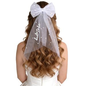 Bride to Be Embroidered Hair Bow Veil with Pearls for Bachelorette Party, White Hair Clip Bow Veil Engagement Accessory Bride Gift for Women