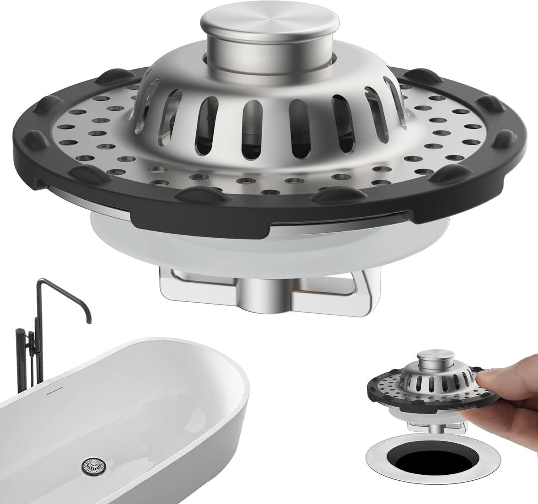 Universal Bathtub Drain Stopper Shower Drain Hair Catcher, Tub Stopper with Visible Top Strainer, Upgraded 3 in 1 Pop-up Drain Plug Fit for 1.5 to 2.4" Hole, Stainless Filter Basket, Brushed Nickel
