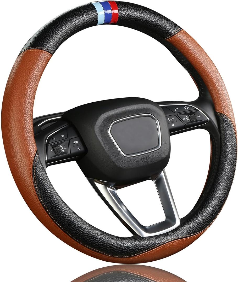 Steering Wheel Cover for BMW Leather Car Steering Wheel Covers Universal for Car SUV Truck with Anti-Slip Lining 14.5-15inch (Brown)