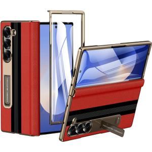 Kalernd for Samsung Galaxy Z Fold 6 Phone Case [Luxury Premier Genuine Leather] [Full Body Hinge Protection] [Built-in Screen Protector] [Kickstand Slim Protective Cover] for Galaxy Z Fold6 (Red)