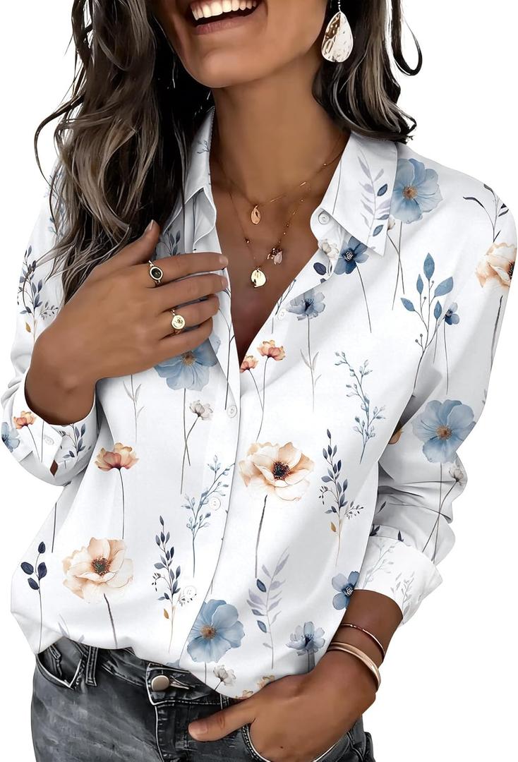 Zeagoo Button Down Shirts for Women Dressy Floral Printed Long Sleeve Blouse Business Casual Work Tops (X-Large, Bf112)