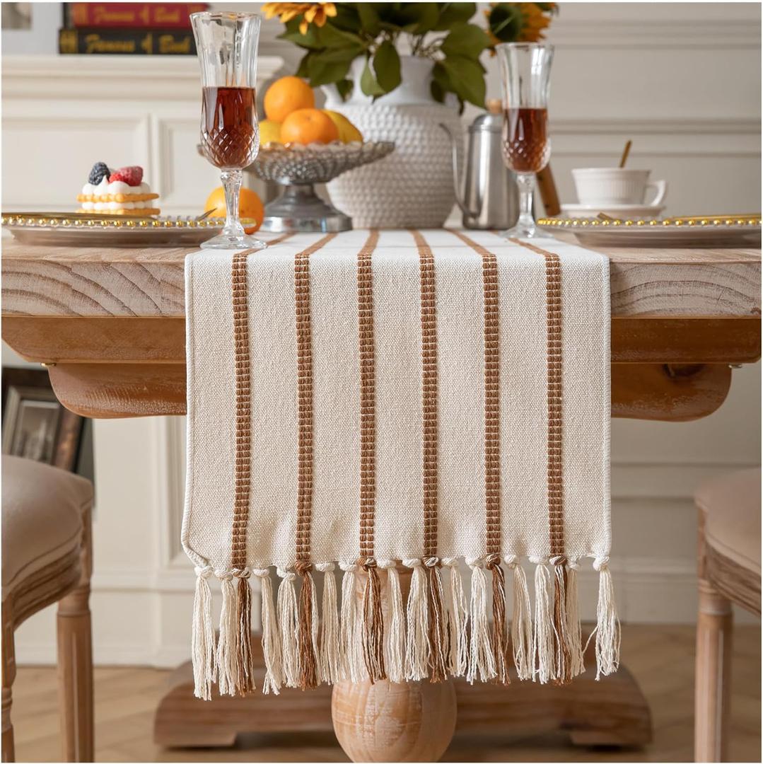 Caflife Boho Table Runner 60 Inchs Long Brown and Beige, Cotton and Linen Woven with Tassels, for Modern Rustic Farmhouse Neutral Table Runners, Bohemian Kitchen Dining Table Home Decor