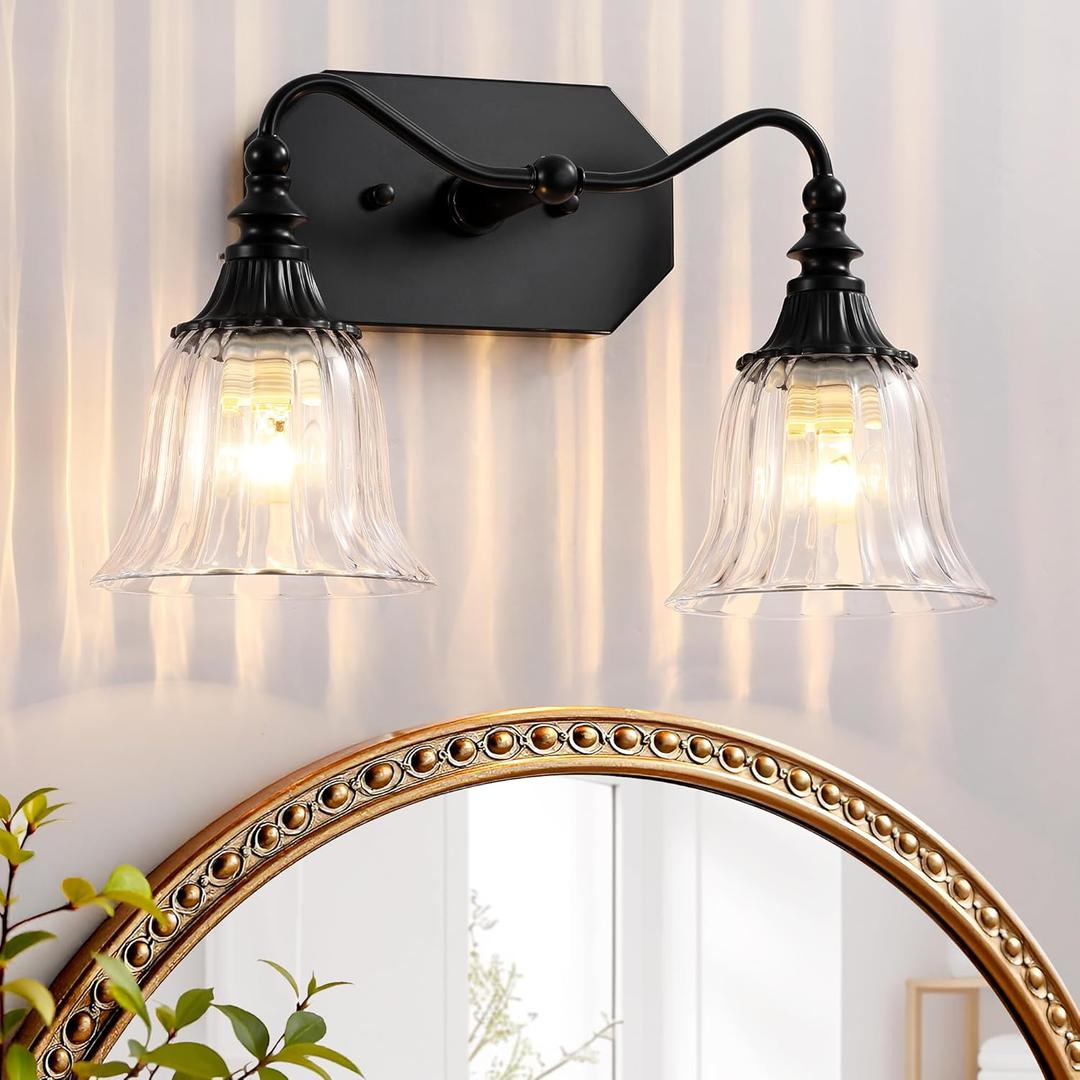 Bathroom Vanity Light Fixture, 2 Lights Bathroom Lighting Matte Antique Brass Finish with Crystal Glass Shade, Vintage Vanity Light for Bathrooms (Black)