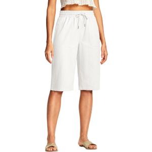 ISEEGZ 14" Linen Capri Pants for Women High Waisted Wide Leg Long Shorts with Pockets for Business Casual Beach Summer, 