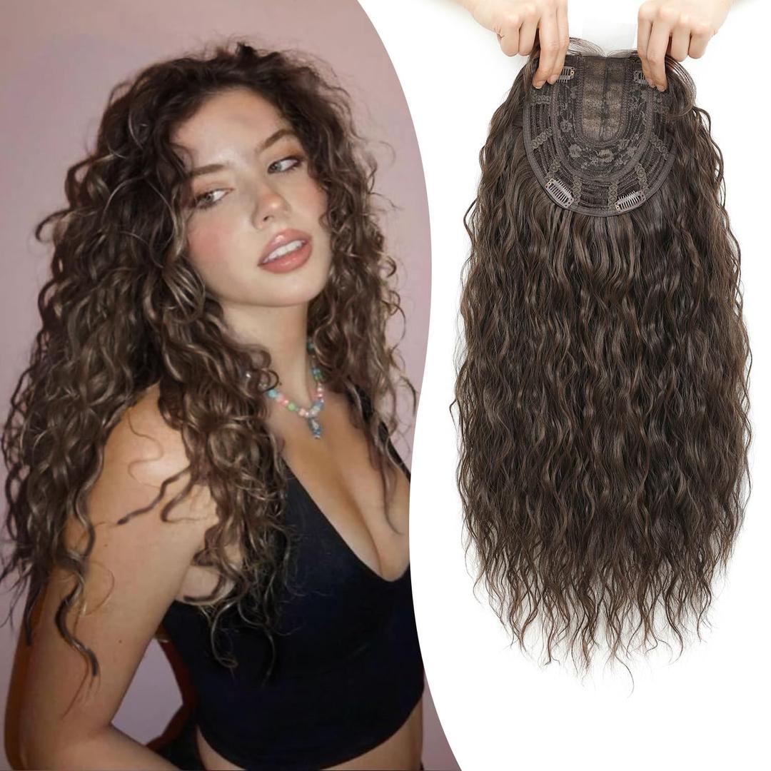 Natural Curly Hair Topper for Women-20inch Lightweight & Breathable Topper Hair Pieces for Thinning Hair, Heat Resistant Fiber Wiglet with Lace Edge to Blending well, Perfect for Daily Use & Styling (Chocolate Brown)