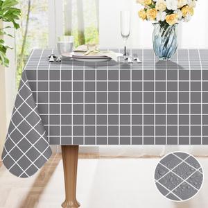 Rectangle Table Cloth, Waterproof Vinyl Tablecloths with Flannel Backing, Wipeable Plastic Plaid Table Cover for Dining, Picnic, Indoor and Outdoor (60" x 120", Grey)