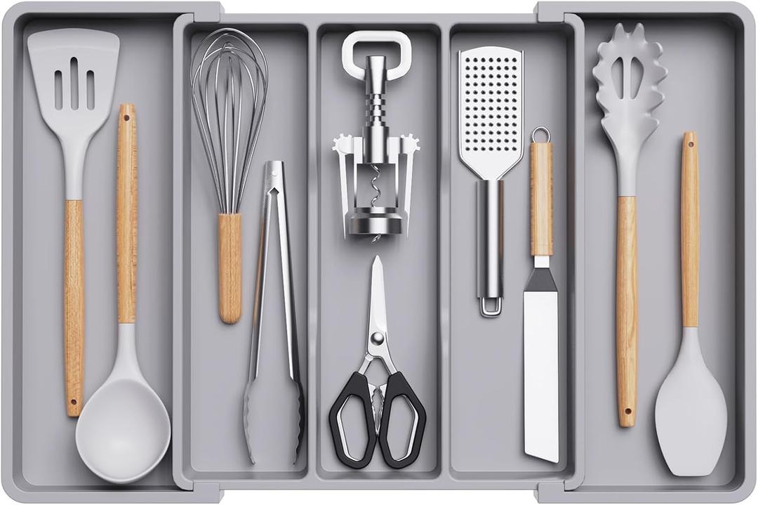 Lifewit Utensil Organizer for Kitchen Drawers, Expandable Cooking Utensil Tray, Adjustable Cutlery Silverware Flatware Holder, Plastic Kitchen Spatula Tools and Gadgets Storage Divider, Large, Gray (Gray)