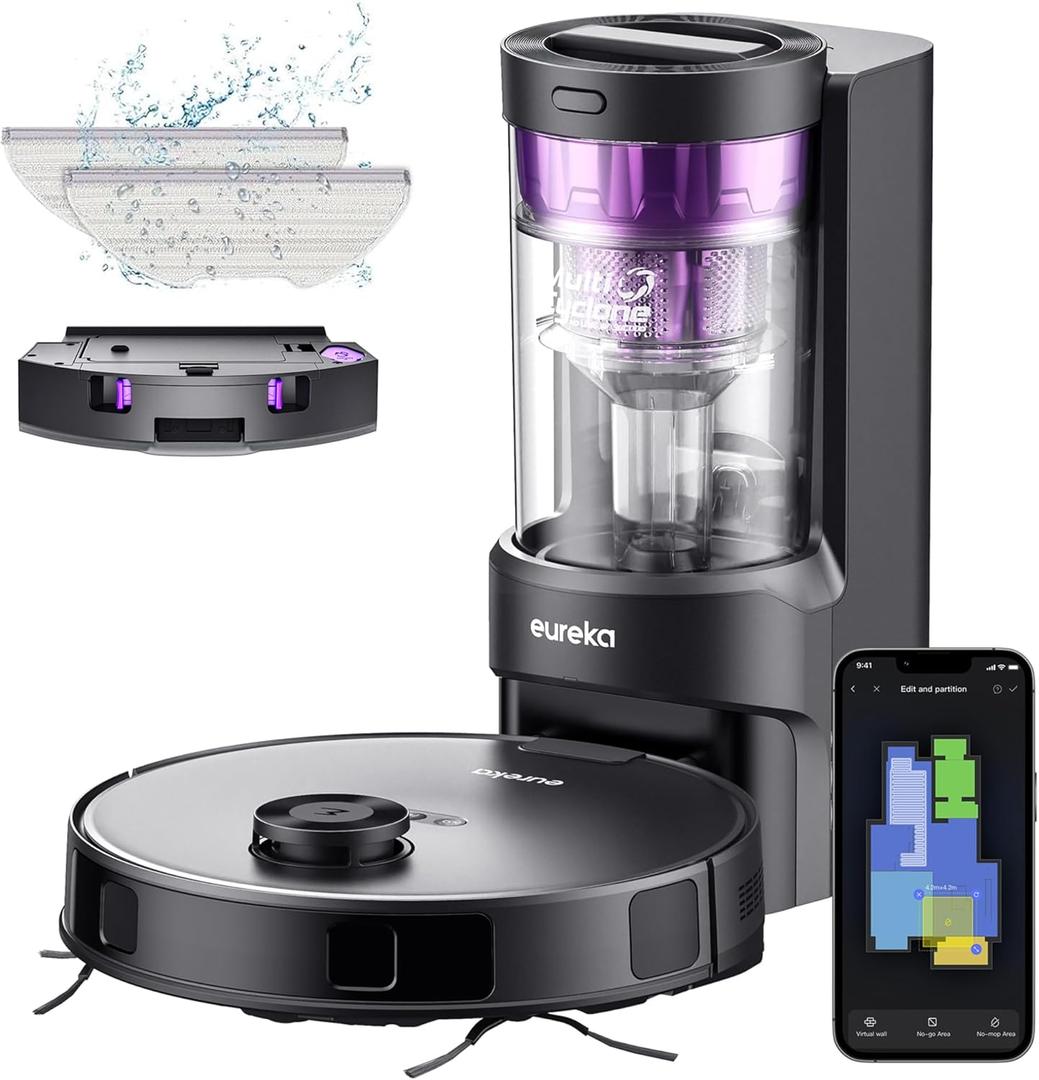 Eureka Robot Vacuum with Bagless Self Emptying Station, 2 in 1 Robotic Vacuum and Mop Combo, 60-Day Capacity, 4000Pa Suction, Auto Lifting Mop, LiDAR Navigation,NER E10s (Black)
