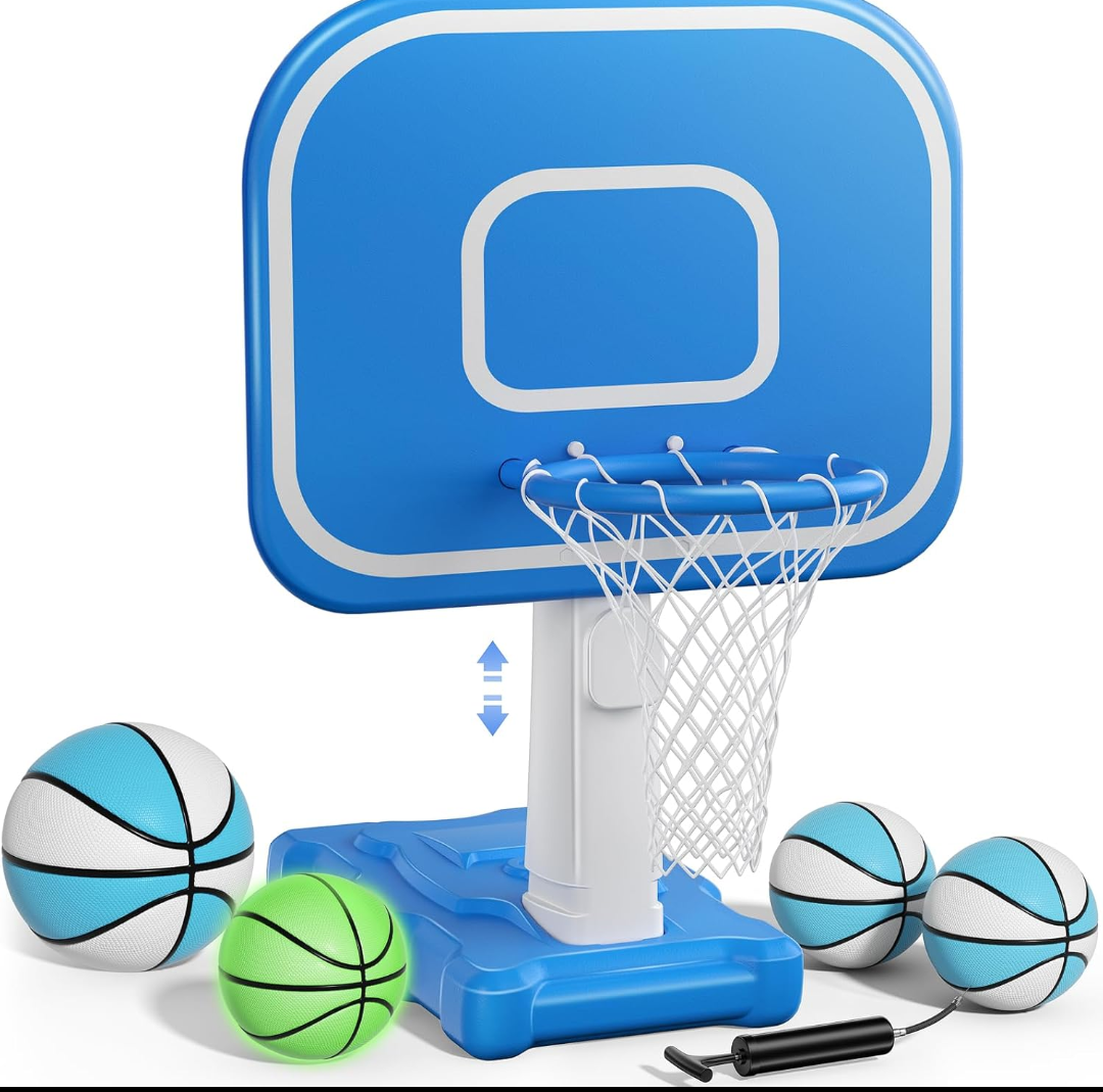 Pool Basketball Hoop, 33"x26"x50" Oversized Pool Toys with Adjustable Height Includes 4 Balls(Size 6, 2×Size 3, Glow)/ Nets/Pump for Poolside Water Basketball Game, Swimming Pool Games for Kids Adults
