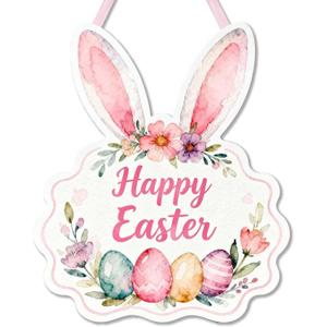 Easter Wreath for Front Door, Happy Easter Bunny Decor - Wooden Welcome Sign with Rabbit Shaped Design, Spring Wall Hanging for Indoor Outdoor Home Door Wall Fireplace Decorations (12x10in)