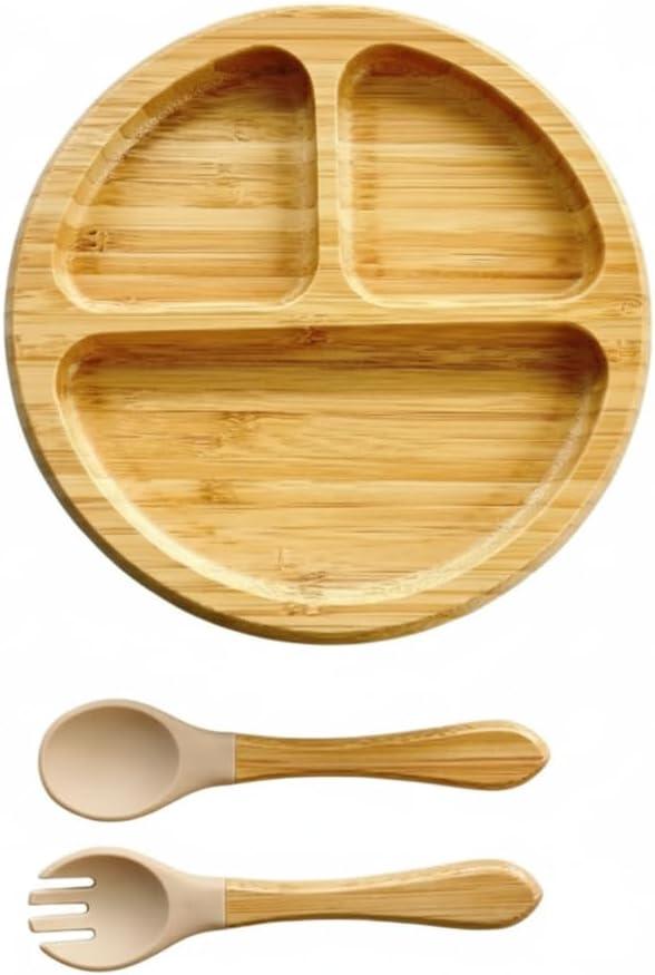 Bamboo Baby Plates with Suction, Toddler Plates for Self Feeding, Eco Friendly Baby Feeding Plate Set, Divided Plate for Baby Boy & Baby Girl, BPA Free, Easy Clean (Beige)