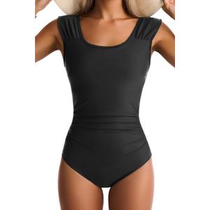 Women One Piece Swimsuit Tummy Control Square Neck Bathing Suit Full Coverage Modest Swimwear (X-Large, Black)