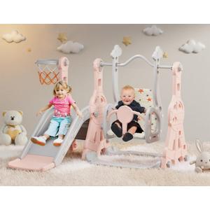 BIERUM 4 in 1 Toddler Slide and Swing Set, Baby Slide for Toddlers Age 1-2, with Basketball Hoop, Indoor Outdoor Slide Playset Toddler Playground Pink