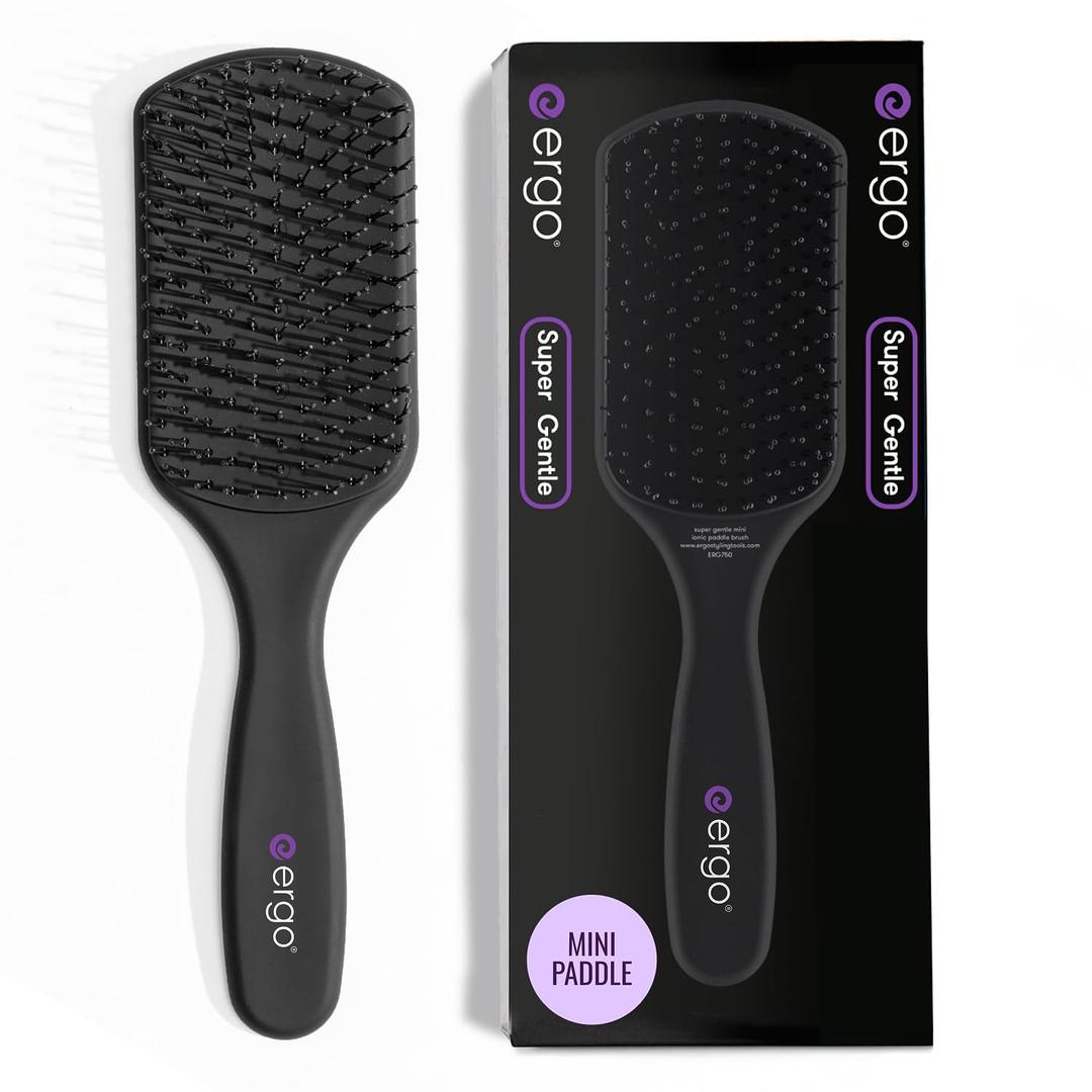 ERGO Super Gentle Mini Paddle Brush for Blow Drying - Hair Brushes for Women with Thick or Thin Hair - Dual Hairbrush for Women - Detangler Hair Brush - Gently Detangles Curly or Wet Hair - ERG750 Black