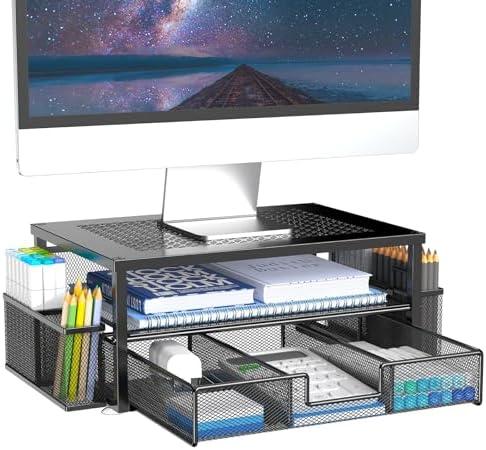MINDEPOT 2 Tier Computer Monitor Stands with Drawer and 2 Pencil Holder, Metal Monitor Stand, Office Desk Accessories Workspace Desktop Organizers for Office Supplies, Black