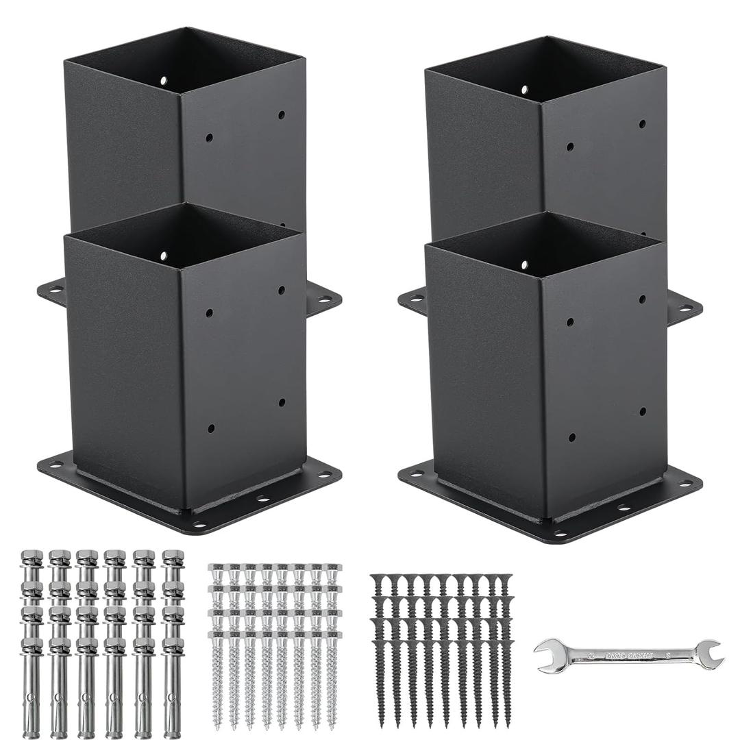 4x4 Post Base 4 Pcs, (Inner Size 3.6x3.6) Post Anchors, 13GA Thick Solid Steel & Black Powder Coated,Deck Post Brackets Support Deck Base Plate Pergola Brackets Fence Kit Mailbox Mount