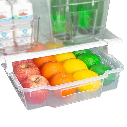 Smart Design Adjustable Pull Out Refrigerator Drawer - Extra Large - BPA Free Plastic - Holds 20 lbs - Extendable Sliding Fridge Bin, Freezer, Pantry Food Holder Storage Organizer - Kitchen - Clear