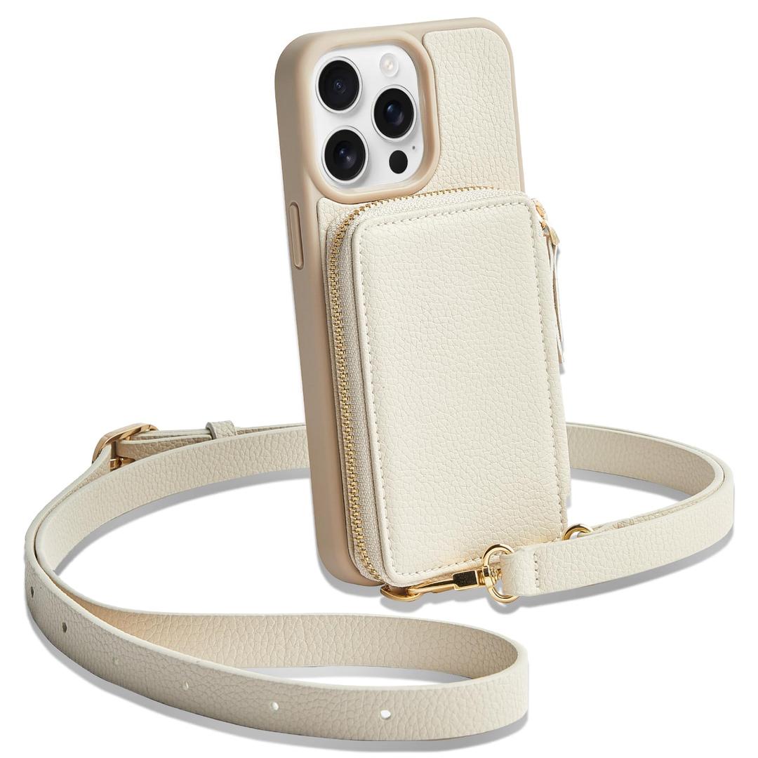 ZVE for iPhone 13 Pro Wallet Case, Zipper Leather Crossbody Phone Case with RFID Blocking Card Holder Wrist Strap Purse Cover for Women Compatible with iPhone 13 Pro (6.1 inch, 2021)- Beige