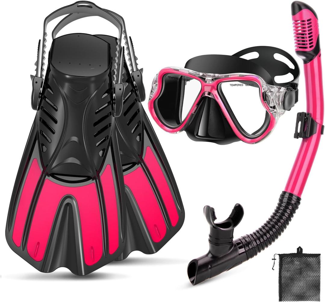 Snorkeling Gear for Adults, 4 in 1 Adult Snorkel Set with Panoramic View Snorkel Mask, Dry Top Snorkel, Adjustable Short Fins and Travel Bag, Snorkel Set with Fins for Snorkeling Diving, S/M(36-41), Pink