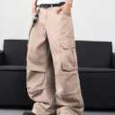 DFGIGT Mens Denim Baggy Pants with Cargo Pockets Mid Weight Casual Streetwear Wide Leg Jeans Hip Hop Skater Trousers (Beige, M)