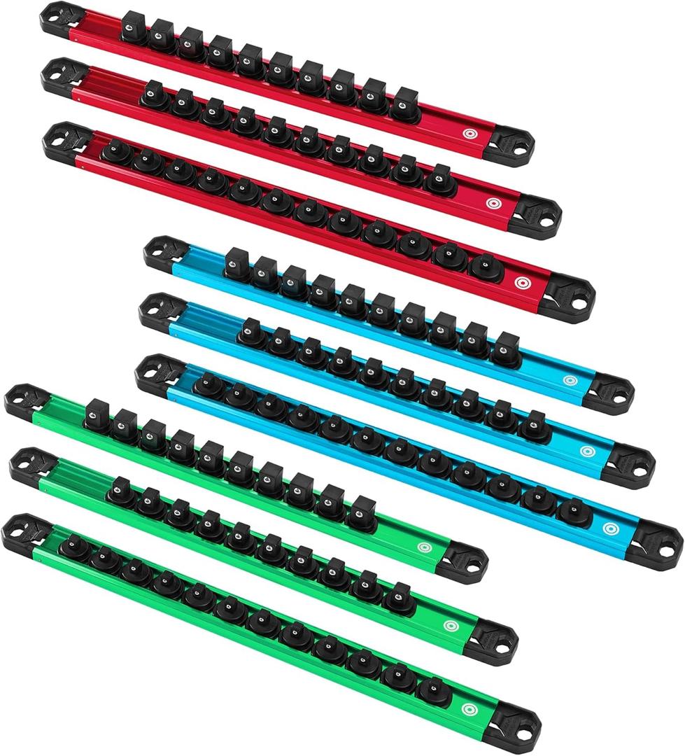 DURATECH Magnetic Socket Organizer Set, 1/4”, 3/8”, 1/2” Aluminum Alloy Socket Rail with 96 Clips, Socket Holder for Tool Box Drawer, Tool Cart and Garage Organization(9PCS)