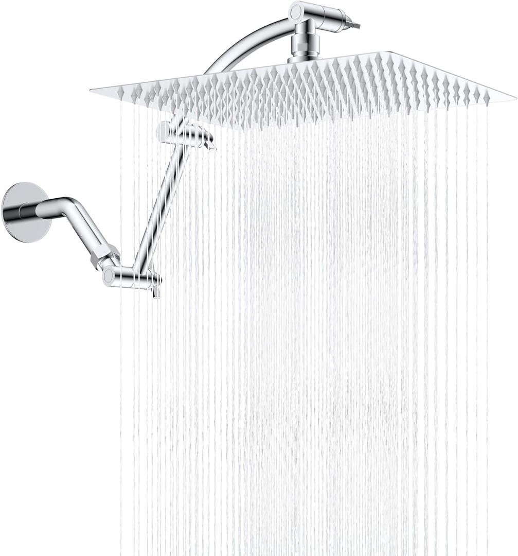 Hibbent All Metal cUPC Certified Rain Shower Head, 12'' High Pressure Rainfall Showerhead with 16" Shower Head Extension Arm, Solid Brass Adjustable Shower Arm Extender, fixed Showerheads, Chrome