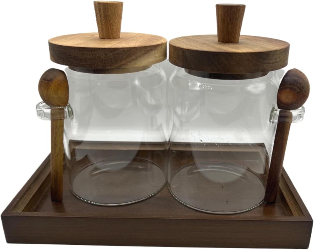 Glass Jars with Brown Wooden Lids and Scoops 20oz 2Pack with Tray, Airtight Food Storage Containers with Tray for Sugar Coffee Bean Candy Spice