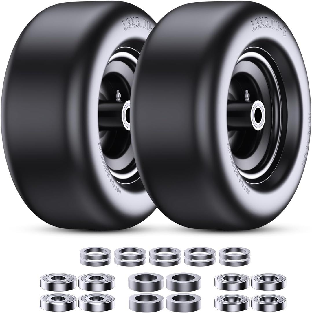 Lawn Mower Tires 13x5.00-6 (2-Pack), Flat Free Solid Smooth Tread, Front Tire Assembly Replacement, Universal Fit for Commercial/Residential Mowers with Adapter Kit, 3/4" Bushing (Black)