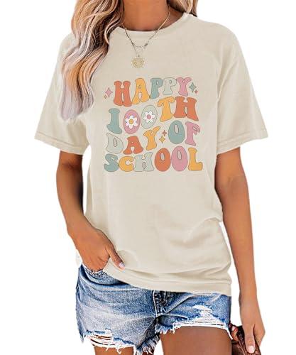YZMI Happy 100th Days of School Shirt for Teacher Daisy Short Sleeve Crewneck School Tshirts Apricot ,Size XXL