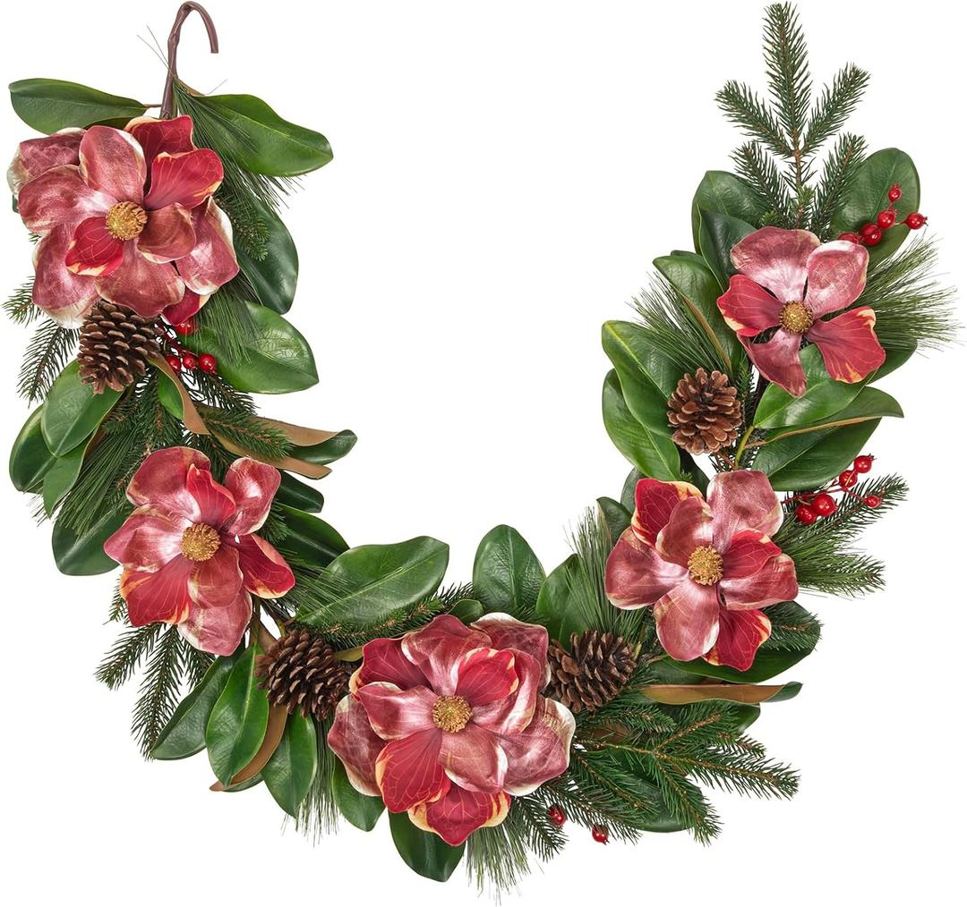 Briful 5FT Christmas Magnolia Flower Garland with Pine Cones Berries Artificial Silk Floral Vine Faux Flower Garland for Xmas Backdrop Table Wall Wedding Party Home Decor