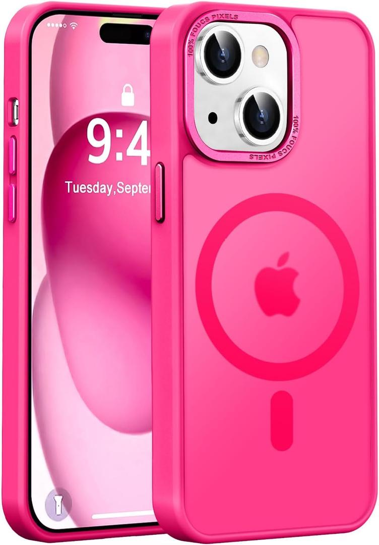 Newfuture Magnetic for iPhone 15 Case [Compatible with Magsafe] [Military Grade Drop Protection] Translucent Matte Anti-Fingerprint Shockproof Phone Case for iPhone 15 6.1 inch, Hot Pink