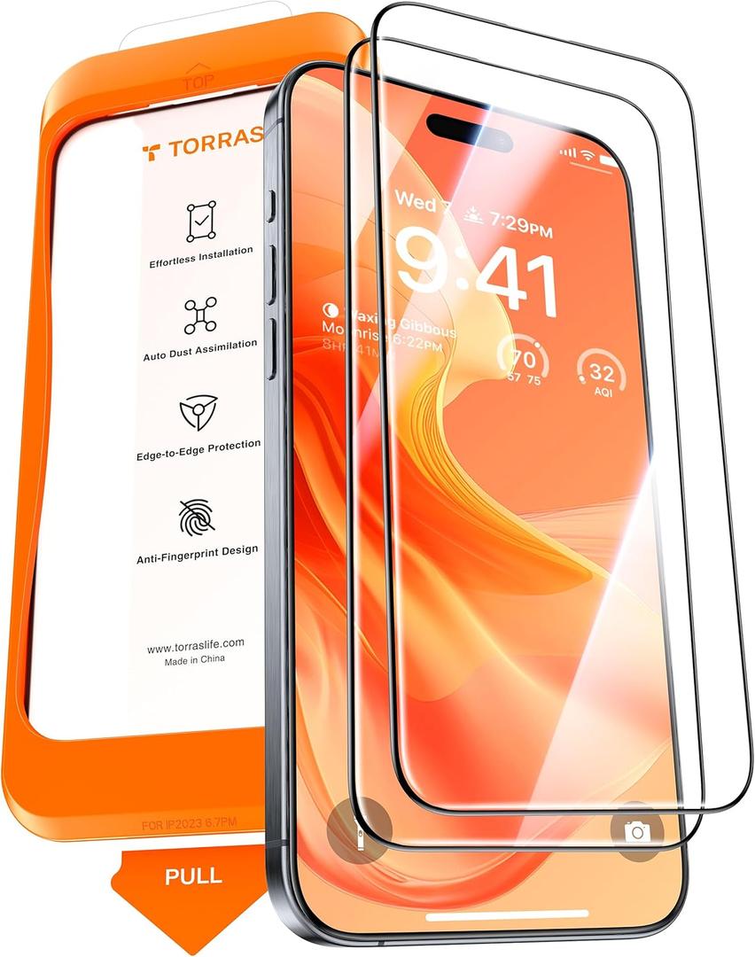 TORRAS Military-Grade Screen Protector for iPhone 15 Pro Max [9H+ Aerospace Tempered Glass12FT Shatterproof ] One-Step Installation Full Coverage Fit Bubble Free Top-Notch Protection, 2 Pack