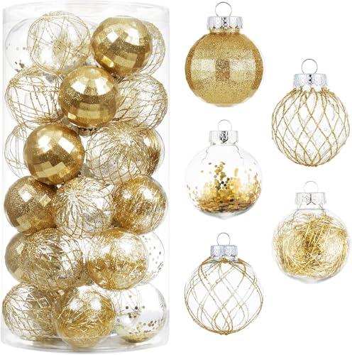 CristBest 30ct Christmas Ball Ornaments-60mm/2.36" Shatterproof Clear Plastic Xmas Balls Baubles Set with Stuffed Delicate Sparkling, Hanging Christmas Tree Decorations(Gold)