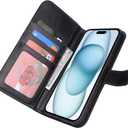 Zouzt for iPhone 15 Plus 6.7 Inch Genuine Leather Wallet Case with Card Holder, Compatible with MagSafe Magnetic Wireless Charging Flip Folio Book Cover Women Men for iPhone 15 Plus - Black